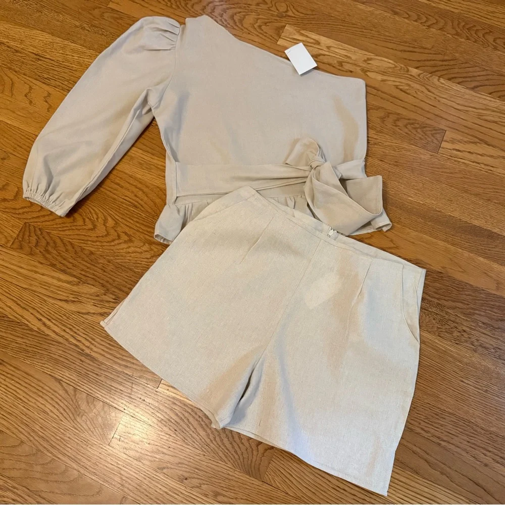 Cream High Waist Tailored linen Shorts size M - Picture 8 of 15